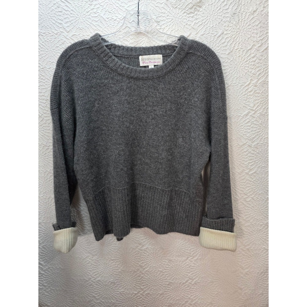 Design History Sweater Women S Gray Good 100% Pure CashmereRibbed Contrast Cuffs